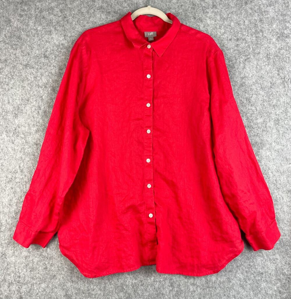 J Jill Linen Tunic Top Womens XL Red Button Up Long Sleeve Coastal Preppy